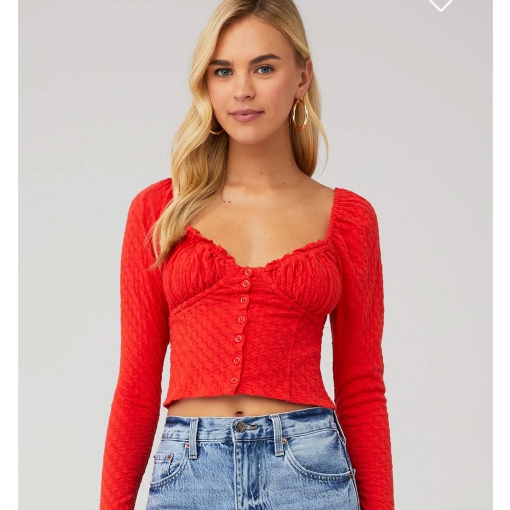 Free People red long sleeve cropped button up shirt with puffy shoulders XS